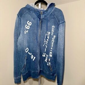 Guess Mens Denim Effect Full Zip Hoodie Graphic Print Blue Size 2XL
